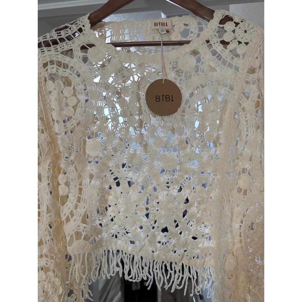 BIBI Womens Cream Crochet Medallion Fringe Crop Top Bell Sleeve Boho XL NEW - Picture 4 of 5